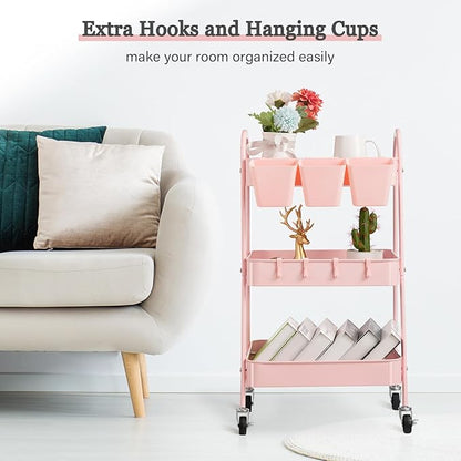 danpinera 3-Tier Rolling Cart, Utility Cart Mobile Metal Rolling Storage Cart with Lockable Wheels & Hanging Cups & Hooks for Kitchen, Bathroom, Office, Workshop, Pink