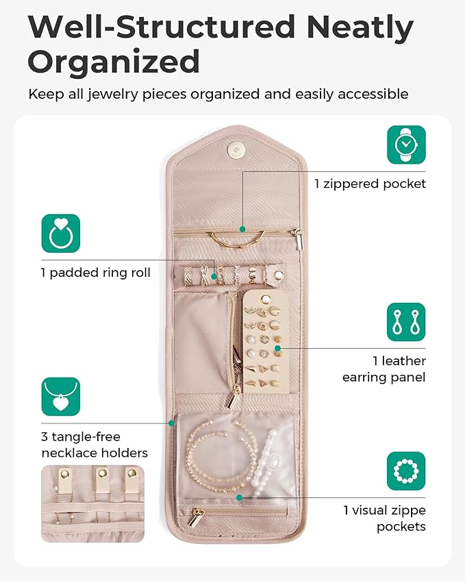 BAGSMART Travel Jewelry Organizer Case A Initial Foldable Jewelry Roll for Journey Rings, Necklaces, Earrings, Bracelets,Mini,Letter A,Soft Pink