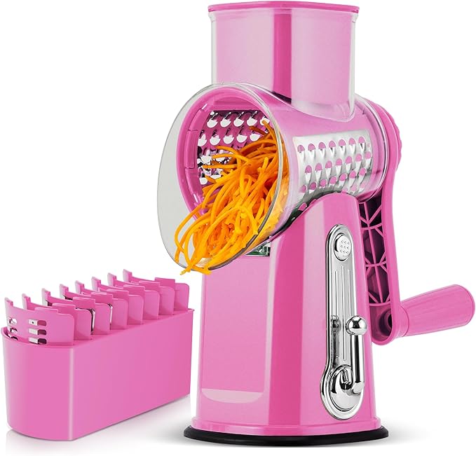 SUSTEAS Rotary Cheese Grater with Handle - Vegetable Shredder with 5 Well-designed Blades & Strong Suction Base,Round Mandoline Slicer & Food Chopper for Kitchen,with Blade Storage Box(Pink)