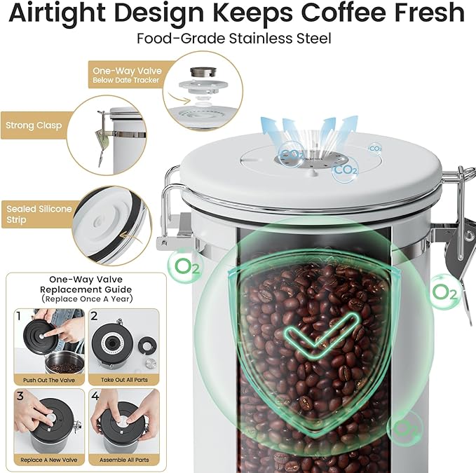 Veken Coffee Canister with Window, Airtight Stainless Steel Kitchen Food Storage Container with Lids, Date Tracker and Scoop for Ground, Beans, Tea, Flour, Cereal, Sugar Jars, 22OZ, White