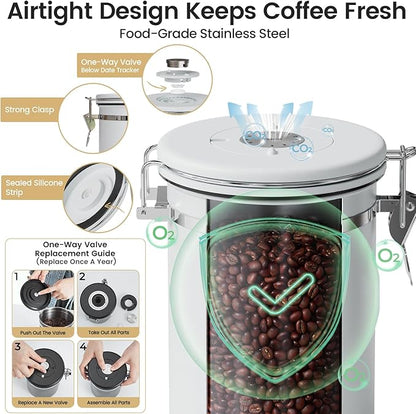Veken Coffee Canister with Window, Airtight Stainless Steel Kitchen Food Storage Container with Lids, Date Tracker and Scoop for Ground, Beans, Tea, Flour, Cereal, Sugar Jars, 22OZ, White