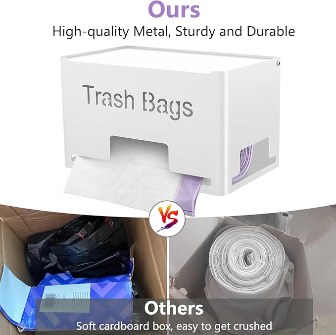 STWWO Extra Large Trash Bag Holder Dispenser, Metal Garbage Bag Dispenser Roll Holder, Trash Storage Organizer for Kitchen Laundry Room Under Sink, Wall Mounted or Freestanding, White