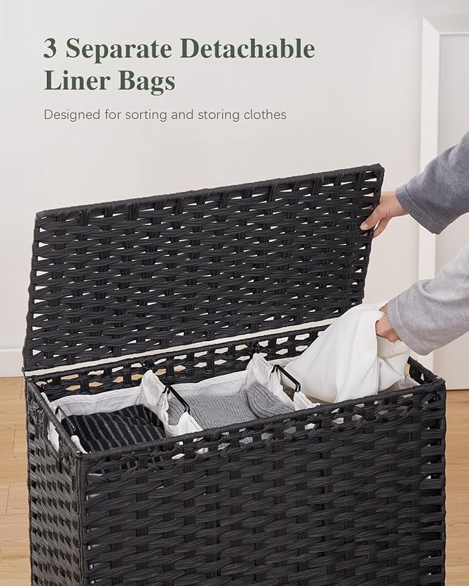 Laundry Hamper with Lid 132 L, (35 Gallons) Clothes Hamper with Lid, Handwoven Rattan Laundry Hamper with Metal Heightened Feet, Laundry Hampers with 3 Removable Liner Bags for Laundry-Black