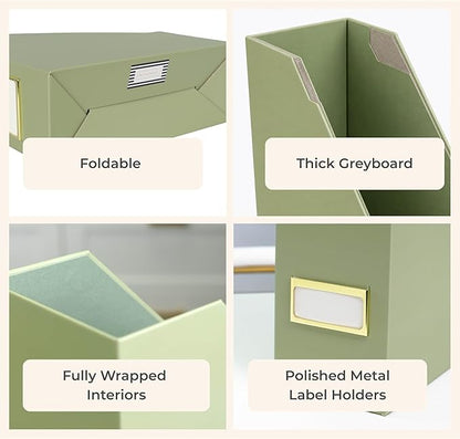 BLU MONACO | Set of 6 Foldable Magazine File Holders in Earth Green | Heavy-Duty Vertical File Organizers with Label Holders | Desk Organizer Set for Paperwork, Documents & Office Storage