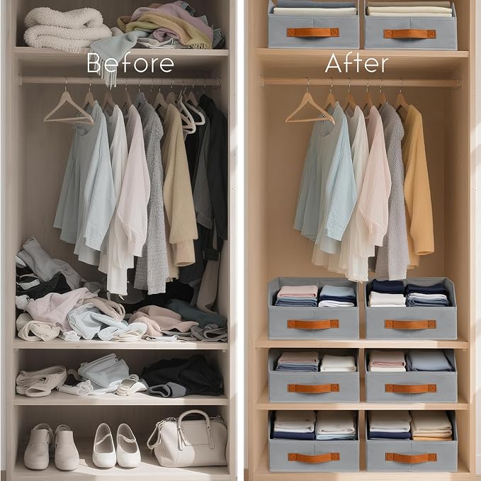 Homsorout Fabric Storage Bins for Organizing - 8 Pack Large Trapezoid Collapsible Storage Bins with Front Handle, Closet Organizers and Storage for Bedroom, Home Shelves, Small Spaces, Grey