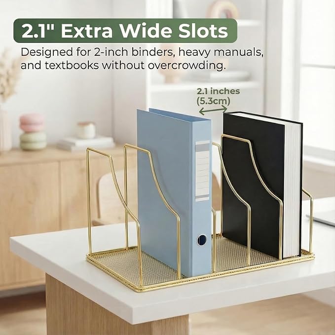 Gold Binder Organizer for Desk, 5 Slot Metal Wire Vertical File Sorter with Mesh Bottom, Large Desktop Magazine Holder Rack for 2 Inch Binders, Medical Coding Books, Vinyl Records, 12.1"