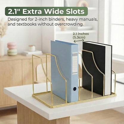 Gold Binder Organizer for Desk, 5 Slot Metal Wire Vertical File Sorter with Mesh Bottom, Large Desktop Magazine Holder Rack for 2 Inch Binders, Medical Coding Books, Vinyl Records, 12.1"