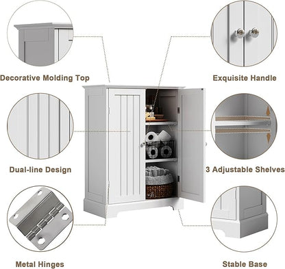 ChooChoo Bathroom Floor Cabinet, Modern Bathroom Storage Cabinet with 2 Doors and Adjustable Shelves, Freestanding Cupboard for Living Room, White