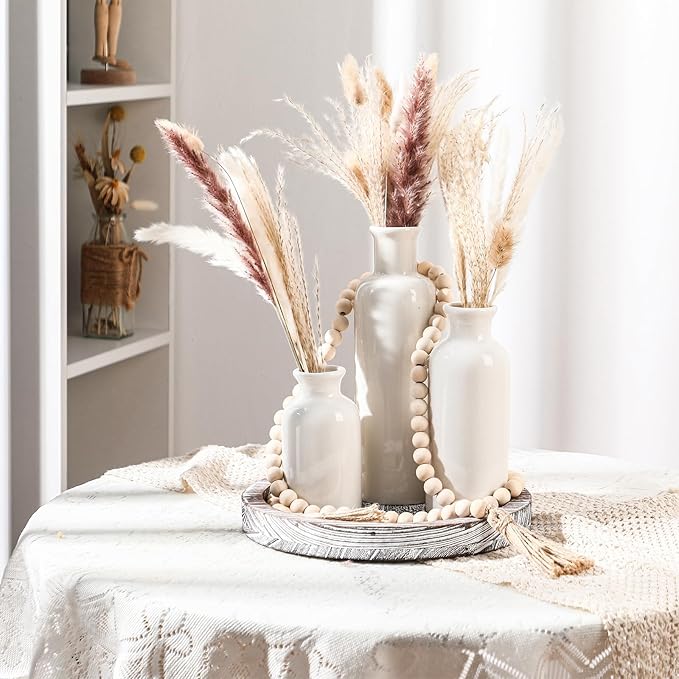 5 Pcs Rustic Country Tabletop Centerpieces Decor Set of 3 Boho Ceramic Vases with Wooden Serving Tray Wood Bead Garland Tassels Table Holder for Home Decorations(Gray)