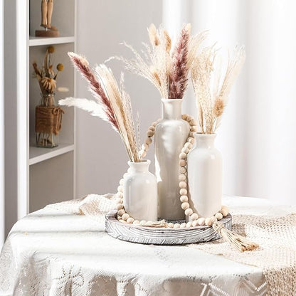 5 Pcs Rustic Country Tabletop Centerpieces Decor Set of 3 Boho Ceramic Vases with Wooden Serving Tray Wood Bead Garland Tassels Table Holder for Home Decorations(Gray)