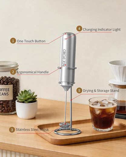 CIRCLE JOY Rechargeable Milk Frother Handheld with Stand,Dual Spring Whisk Electric Coffee Frother Wand, Portable Hand Frother Drink Mixer for Matcha Lattes Cappuccino, Coffee Lover Gift, Silver