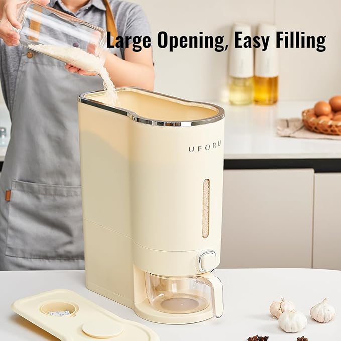 UFORU Rice Dispenser, 22 Lbs Rice Storage Container with Measuring Cup for Kitchen Pantry Household, Cereal Dry Food Storage Containers Airtight, Sealed Moisture Proof, Cream White