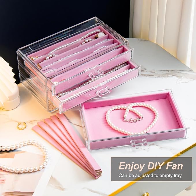 YUFONG Necklace Holder Organizer, Dustproof Necklace Box Velvet Necklace Organizer Box with Lid Clear Acrylic Dustproof Stackable Jewelry Displays for Necklaces Chain Display (Pink, 3 Drawer)