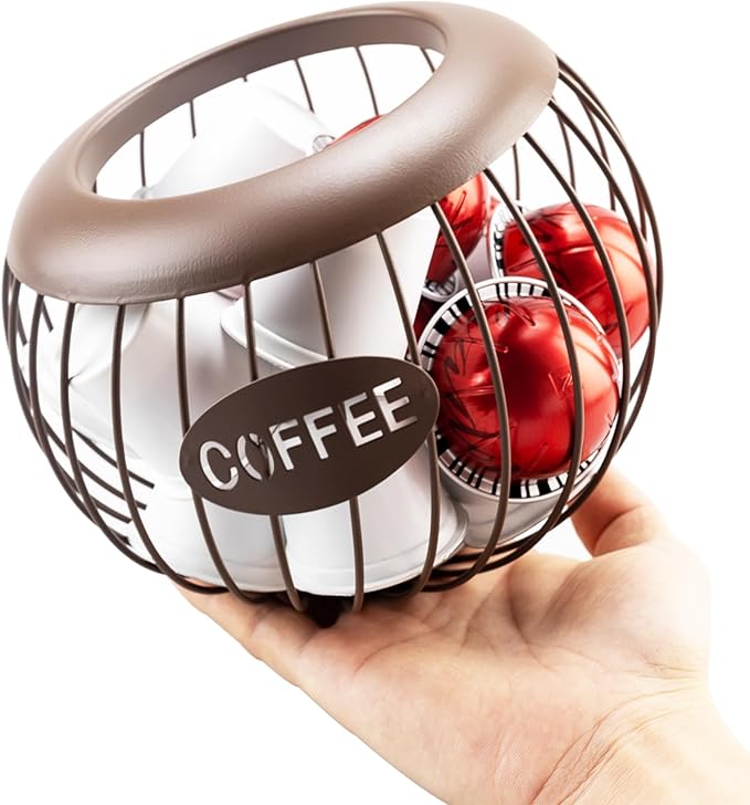 Brown Coffee Pod Holder Basket Compatible with Nespresso Vertuo & K-Cup, Metal Wire Coffee Capsule Organizer for Countertop Storage, Holds Up to 30 Vertuo Pods or 18 K Cups