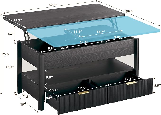 HUAHUU 40" Lift Top Coffee Table with Storage, 4 in 1 Square Coffee Table with Hidden Compartment & Open Shelf & 2 Drawers, Modern Coffee Tables with Lifting Top for Living Room, Home, Office, Black
