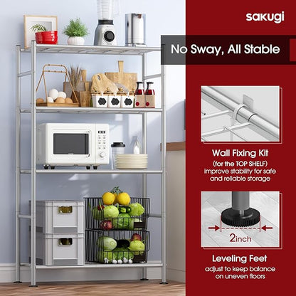 Sakugi Storage Shelves - 4 Tier Shelf Organizer, Heavy Duty Garage Shelving Unit with Leveling Feet, Stable Metal Shelves Organizer for Pantry, Kitchen and Closet, 33.0" W x 12.6" D x 57.2" H, Silver