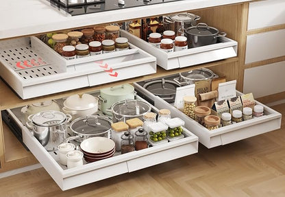 Seinloes Pull Out Cabinet Organizer, 4-Side Expandable to Fit Most Cabinets, 3 Rail Slide Out Drawers with Raising Pad for Framed & Frameless Cabinets, 13"-21" W x 17"-24" D, White, 4 Pack