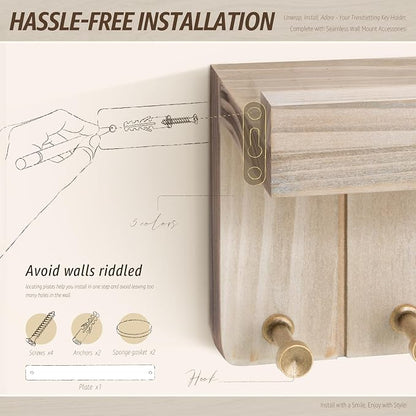 Rebee Vision Key Holder Wall Mount for Farmhouse Decor - Key and Mail Holder for Wall with 7 Sturdy Key Hooks and Floating Shelf - Ideal for Apartment Essentials (Natural Wood