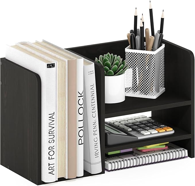 Furinno Hermite Desk Organizers, Office Organization with Accessories and Vertical File Holder, Desktop Book Shelf, for Office Supplies, Desk Accessories, for Study Room, Dorm, Black Espresso