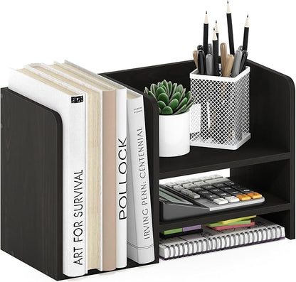 Furinno Hermite Desk Organizers, Office Organization with Accessories and Vertical File Holder, Desktop Book Shelf, for Office Supplies, Desk Accessories, for Study Room, Dorm, Black Espresso