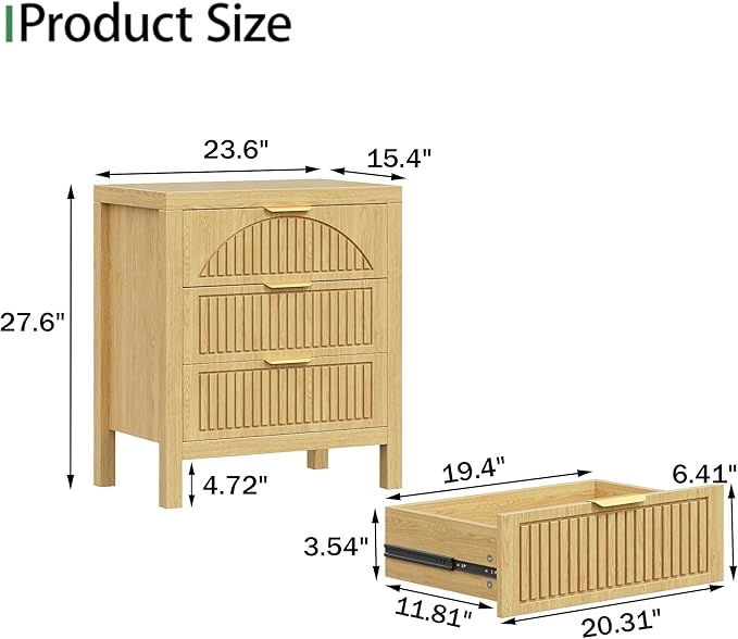 6 Drawer Dresser, Farmhouse Fluted Chest of Drawers, Wooden End Table, Mid- Century Modern Bedroom Nightstand Side Table for Bedrooms, Closets, Hallways, and Entryways, Natural X2