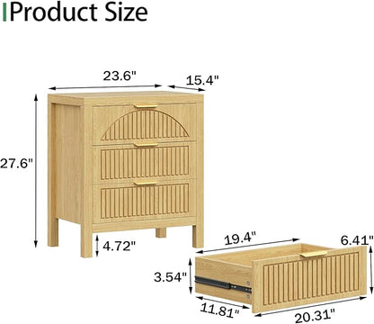 3 Drawer Dresser, Farmhouse Fluted Chest of Drawers, Wooden End Table, Mid- Century Modern Bedroom Nightstand Side Table for Bedrooms, Closets, Hallways, and Entryways, Natural