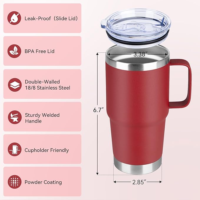 20oz Tumbler Bulk with Lid, Stainless Steel Tumbler Bulk with Handle, Metal Insulated Travel Coffee Mug Set with Handle, Double Wall Vacuum Leak Proof Tumbler Cup, Red 6 Pack
