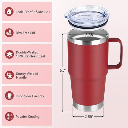 20oz Tumbler Bulk with Lid, Stainless Steel Tumbler Bulk with Handle, Metal Insulated Travel Coffee Mug Set with Handle, Double Wall Vacuum Leak Proof Tumbler Cup, Red 6 Pack