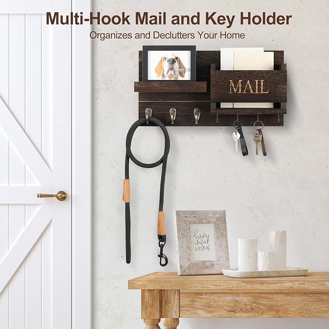 Mail Organizer for Wall Mount – Key Holder with Shelf Includes Letter Holder and Hooks for Hallway Farmhouse Decor – Rustic Wood with Flush Mounting Hardware (16.5” x 9.1” x 3.4”) (Brown)