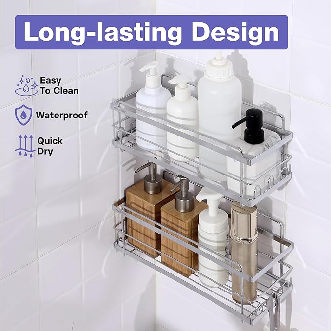 KINCMAX Iron Shower Caddies - Self Adhesive Bathroom Shelves for Showers - Wall Organizer Shampoo Holder Shelf - Peel and Stick On Caddy Bath Tub Rack - Pack of 2 Holders - Silver