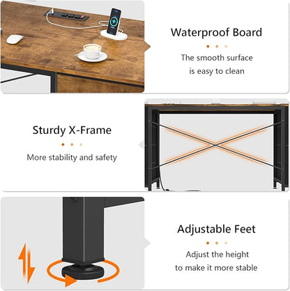60 Inch Computer Desk with 8 Drawers, Home Office Desk with Power Outlets, Work Study Gaming Desk with 8 Fabric Drawers, Rustic Brown