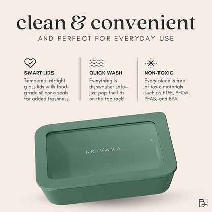 BRIVARA HOME Ceramic Coated Glass Food Storage Container | No PTFE, PFOA, PFAS, and BPA | Reusable Non Toxic Meal Prep Container with Glass Lid | Easy To Store | 8 Cup Square [Pine]