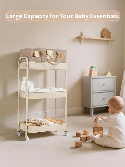 Fortella Baby Diaper Caddy, 3 Tier Rolling Storage Cart for Baby Essentials, Diaper Cart with Detachable Dividers, Storage & Baby Bottle Organizer, Nursery Dresser for Bedroom, Living Room (Taupe)
