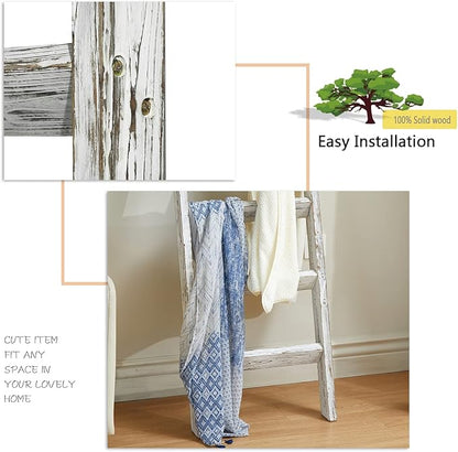 FUIN 5ft (58") Wood Blanket Ladder Living Room Decorative Wall Leaning Farmhouse Quilt Display Holder Wooden Towel Rack for Bathroom, Rustic White