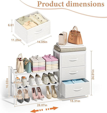 Cidaziya Expandable Closet Organizers and Storage, White Fabric Storage Dresser, 3 Drawer Dresser, Clothes Shelves for Kids, Purse Organizer Small Shoe Rack for Closet Bedroom(31.29~43.42 in)