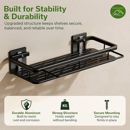 EVALAND Shower Caddy Adhesive 2-Pack with Hooks and Rod for Towels, Black – Premium Bathroom Shower Shelves, Shampoo Organizer, Bathtub Shelf, Rustproof, Easy Installation, Sturdy Modern Look
