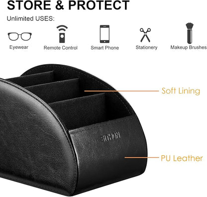 SITHON Remote Control Holder with 5 Compartments – [Upgrade Version] PU Leather Remote Caddy Desktop Organizer Store TV, DVD, Blu-Ray, Media Player, Smart Phones, Heater Controllers (Black)