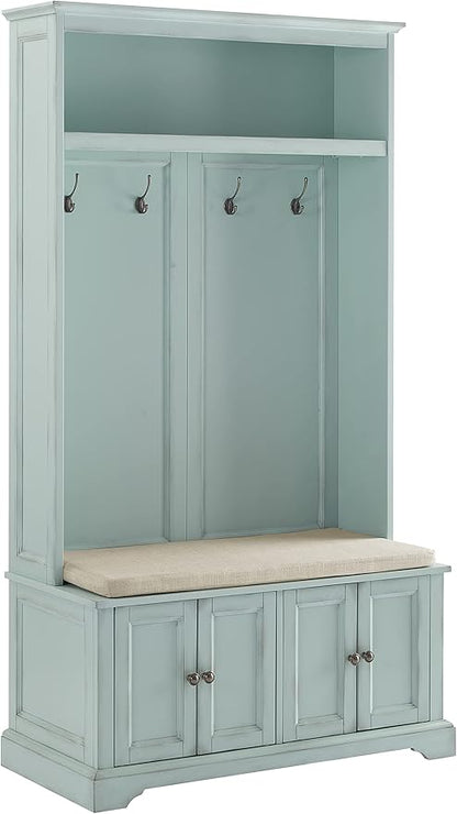 Crosley Furniture Holbrook Hall Tree with Shoe Rack Bench and Coat Hooks for Hanging Storage, Distressed Seafoam Blue