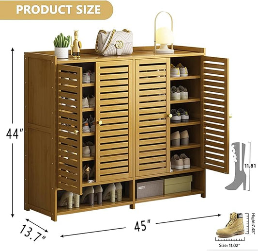 Bamboo Shoe Cabinet, 7-Tier Shoe Storage Cabinet with Doors, Freestanding Bamboo Shoe Rack Organizer with Shelves for Entryway, Hallway, Closet, Living Room