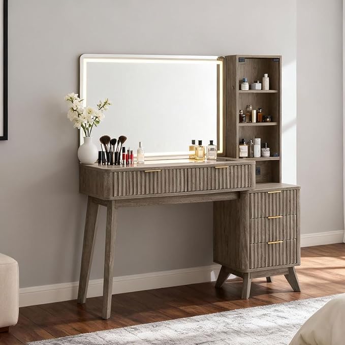 RedLemon 48" Fluted Vanity Desk with 36" Large HD Mirror and Lights, Modern Wood Glass Tabletop Makeup Table with Adjustable Storage Shelves, 5 Drawers, Charging Station for Bedroom, Alder Grey