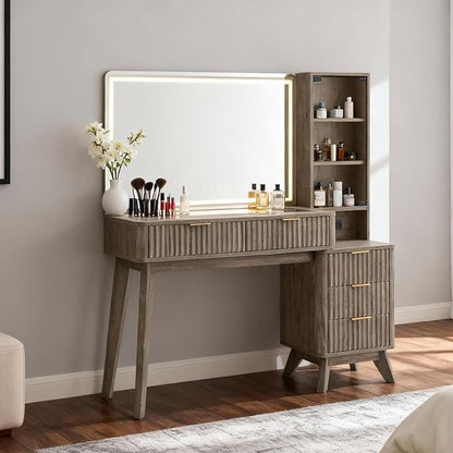 RedLemon 48" Fluted Vanity Desk with 36" Large HD Mirror and Lights, Modern Wood Glass Tabletop Makeup Table with Adjustable Storage Shelves, 5 Drawers, Charging Station for Bedroom, Alder Grey