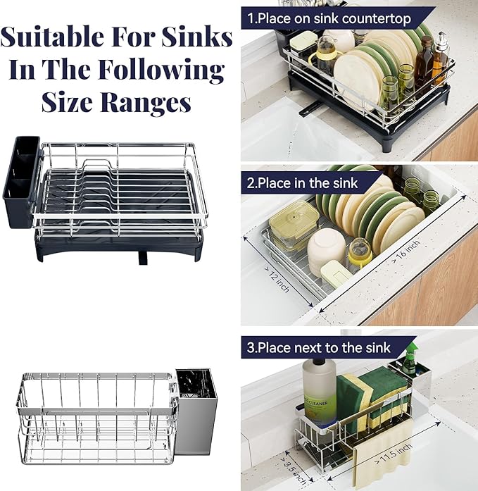 Dish Drying Rack, 304 Stainless Steel Dish Racks for Kitchen Counter with Cutlery Holder & Sponge Holder, Large Dish Drainer with Removable Drainboard, 11.8''W x 16.7''L (Stainless Steel)