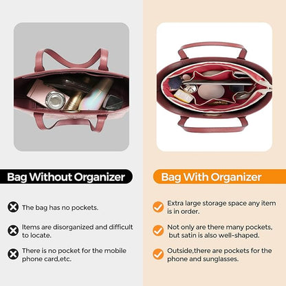 SDANG Purse Organizer Insert with Zipper – Pink Handbag & Tote Bag Organizer | Bag-in-Bag Insert with Pockets for Purses, Totes & Travel(Red,Extra Large 34)