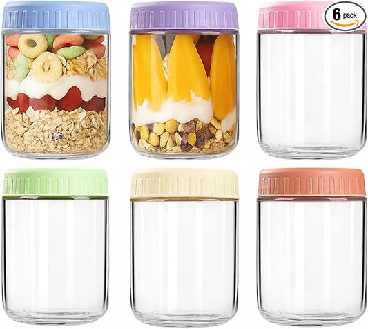 Overnight Oats Containers with Lids, 16oz Wide Mouth Mason Jars with Lids, 6 Pack Glass Jars with Airtight lid for Chia Pudding Yogurt Salad, Meal Prer Oatmeal Jars