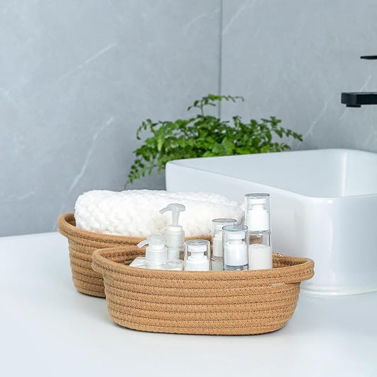 CubesLand Small Cotton Rope Storage Basket Set 5, Shelves Baskets for Organizing with Handle, Decorative Closet Storage Bins for Countertop Toilet Paper Basket for Toilet Tank Top,Brown Basket