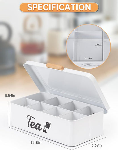 Farmhouse Tea Bag Organizer, Tea Bag Holder with 8 Compartments for Countertop, Tea Box Organizer with Wooden Handle for Home Kitchen