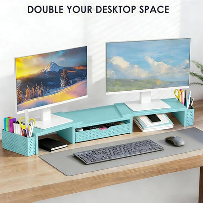 Spacrea Metal Desk Organizers and Accessories, Dual Monitor Stand Riser with Drawer and 2 Pen Holders, Desk Accessories & Workspace Desktop Organizers for Office Supplies (Blue)