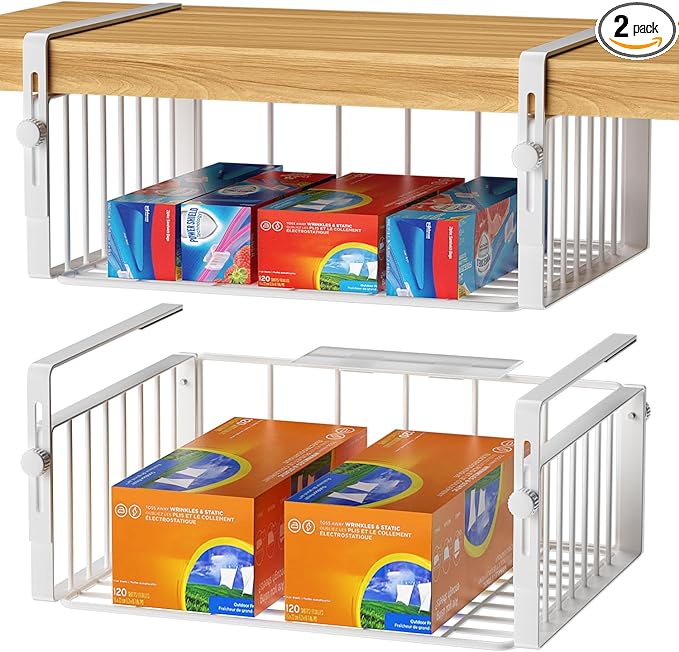 AmonHouseware 2 Pack Hanging Under Shelf Storage Basket,Adjustable Under Cabinet Add-on Storage Racks Slide-in Baskets Organizer for Laundry Room Kitchen Pantry Desk Bookshelf, White