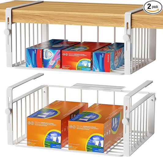 AmonHouseware 2 Pack Hanging Under Shelf Storage Basket,Adjustable Under Cabinet Add-on Storage Racks Slide-in Baskets Organizer for Laundry Room Kitchen Pantry Desk Bookshelf, White