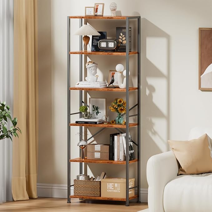 Furologee 6 Tier Book Shelf Set of 2, Tall Wide Bookshelf, Industrial Open Bookcase, Display Shelves Storage Organizer, Shelving Unit for Living Room, Home Office, Bedroom, Rustic Brown